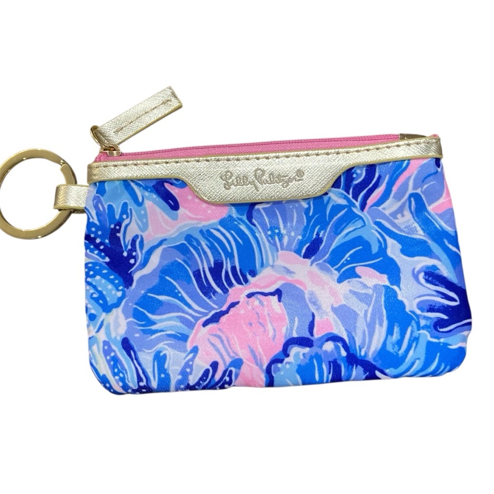 Lilly Pulitzer Blue Pink Floral ID Case wallet key chain Pouch NWT beach bright